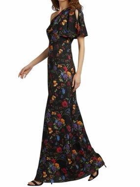 NWT SACHIN + BABI Black Floral Sleeveless One Shoulder Bow Dress Gown Size 4